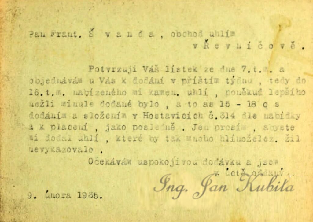 Objednávková listina Ing. Kubitu, Hostavice, rok 1935